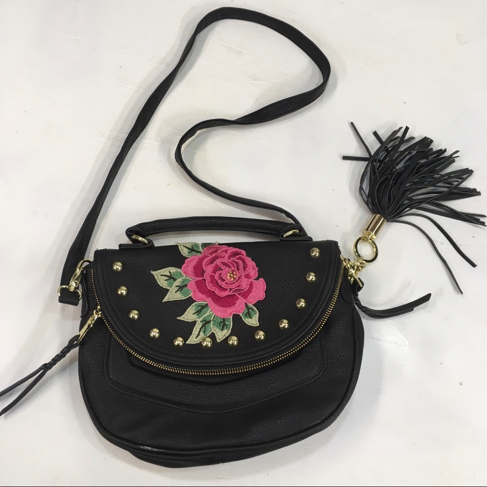 Steve Madden Black Leather Fringe Rose Purse